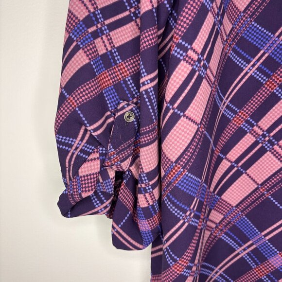 PIXLEY STITCH FIX BRAND Blouse Women L Roll Tab Sleeve Pink Purple Blue Plaid - Picture 4 of 5